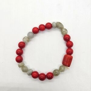 red and gray stone bead stretch bracelet
